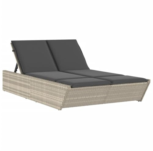 Emmtore Doppel Sonnenliege, Gartenliege mit Auflagen, Doppelliege für Garten Terrasse, Relaxliege Sonnenbett Gartenmöbel,Poly Rattan Doppel Sonnenliege,Hellgrau