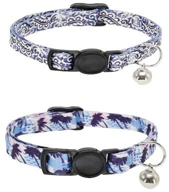 AIITLE Verstellbares Katzenhalsband mit Sollbruchstelle, 2er-Pack, abnehmbare Sicherheitsschnalle und leichtes Design für den Innen- und Außenbereich – Kokosnussbaum-Aufdruck (lila)