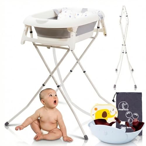 JIRAFFITY | Faltbare Babybadewanne mit Gestell – Badewanne Baby mit Ständer, ergonomischem Kissen, Thermostopfen & Zubehör – Babywanne faltbar für Neugeborene & Kleinkinder 0–3 Jahre