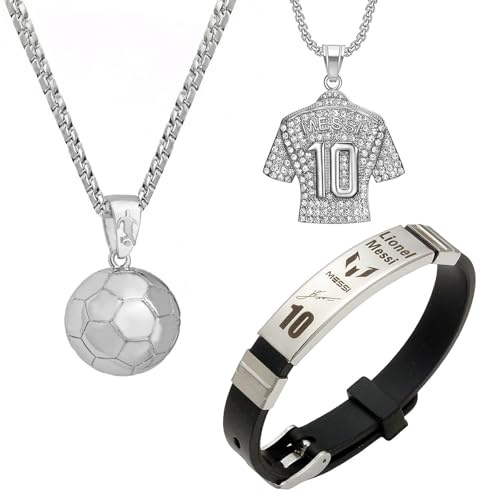 TENGWA 3 Stücke Fußball Kette Nr.10 Armband Jungen Kettenlänge 51cm Ketten für JungsHandgelenkumfang 22,5 cm Silber Verstellbar Geschenk für Jungen Fußballfans Anhänger Oder zum Geburtstag