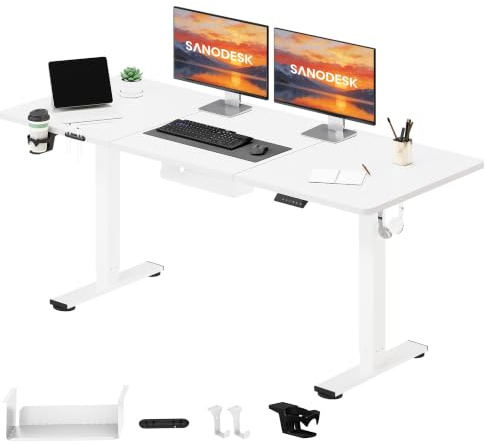 SANODESK Electric Standing Desk 160 * 60 Height Adjustable Desk With Memory Smart Panel Sit Stand Table With Cable Management for Home Office, White