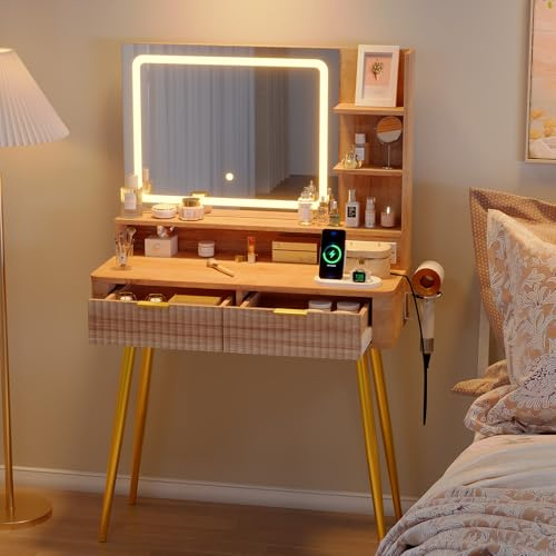 Euker Beleuchteter Schminktisch mit Spiegel, 80 cm (31,5 Zoll) LED-Beleuchtung, 2 Schubladen, 3 Farblichtmodi und integrierter Steckdose für mehr Stauraum und Ordnung im Schlafzimmer