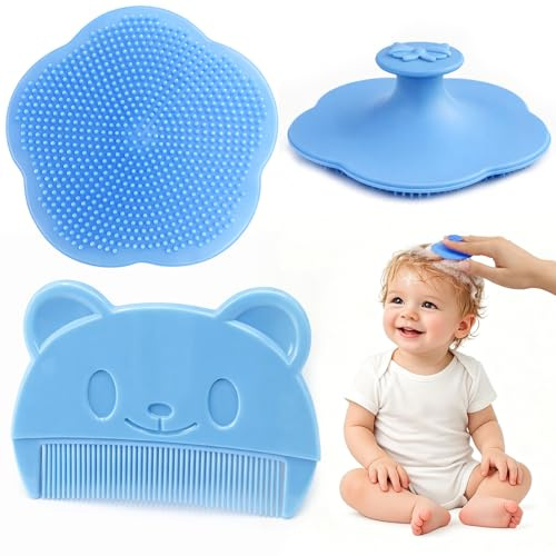2-Pack Cradle Cap Brushes, Silicone Baby Bath Cradle Cap Comb, Bear Design, Gentle Grooming, Daily Scalp Care, Baby Care Essential(Blue)