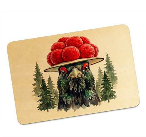 speecheese Auerhahn Bollenhut Postkarte aus Holz, Schwarzwald Motiv | Holzpostkarte als Grußkarte mit Auerhahn, Bollenhut, Schwarzwald-Motiv und Tannen. Als Kompaktbrief versendbar, beschreibbar.