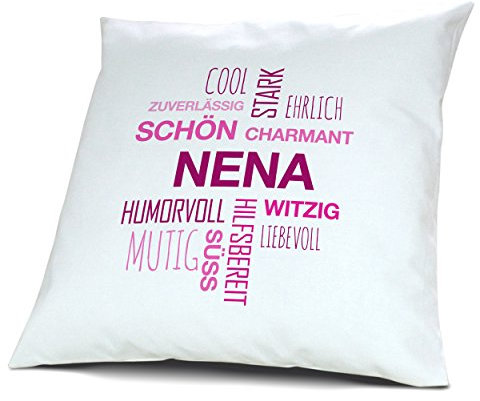 printplanet Kopfkissen mit Namen Nena - Motiv Positive Eigenschaften Tagcloud Pink, 40 cm, 100% Baumwolle, Kuschelkissen, Liebeskissen, Namenskissen, Geschenkidee