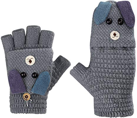 Fäustlinge mit Knopf Klappe Fingerlose Handschuhe für Kinder Winter Warm Strickhandschuhe Plüschfutter Winterhandschuhe in Kaninchen Optik