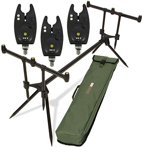 G8DS® Set Rod Pod Rutenhalter + Tragetasche inklusive 3 Bissanzeiger mit Lautstärkeregler für + LED Karpfen Angeln