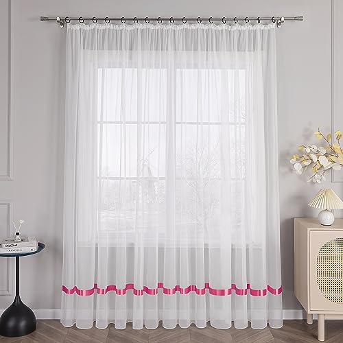 HongYa Stores Voile Gardine Schal Transparenter Vorhang mit Satinband Kräuselband H/B 245/450 cm Dunkelrosa