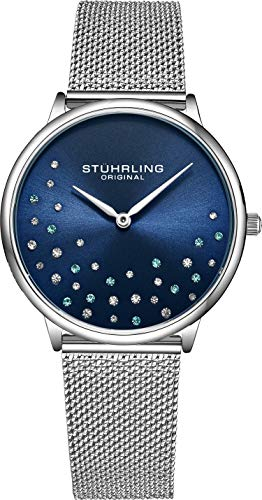 Stuhrling Original Damenuhr Krystal Analog Watch Dial, Edelstahlgewebe Armband 3928 Uhren für Damen Kollektion (Blue)