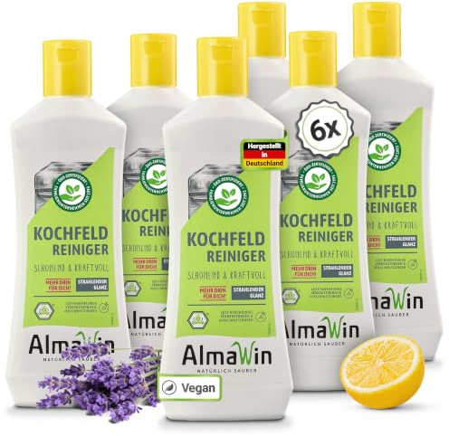 AlmaWin® Kochfeld Reiniger [6x 250ml] für die kraftvolle Ceranfeld-Reinigung - Glaskeramik Reiniger mit Lavendel-Zitronen-Duft - Herdreiniger für Ceranfeld, Induktionskochfeld, Glaskeramik - VEGAN