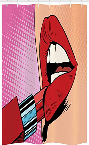 ABAKUHAUS Pop Art Schmaler Duschvorhang, Halbtone Cartoon Lippen, Badezimmer Deko Set aus Stoff mit Haken, 120 x 180 cm, Rot Rosa