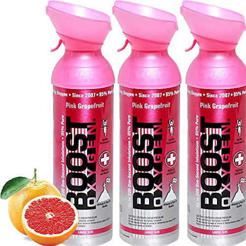 L'oxygène pur dans la canette – PAMPLEMOUSSE ROSE, 27L d´oxygène pur concentré à 95% dans 3x9L canettes portable pour plus de 450 bouffées d'oxygène pur.