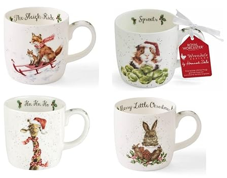 Royal Worcester Wrendale Designs Christmas 0.3 Litre Mug Set of 4 Mugs Fox Guinea Pig Rabbit and Giraffe