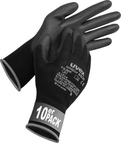 Uvex unipur 6639, 10 Paar - Montagehandschuh für trockene & leicht feuchte Bereiche - leicht, feinfühlig & schmutzunempfindlich - schwarz - Größe 11/XXL
