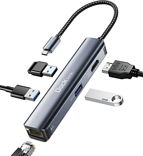 USB C Hub Dockteck 5 in 1 USB C Dock, USB-C Adapter mit Ethernet LAN RJ45, 4K HDMI, 3 USB 3.0 für MacBook Pro/Air M1, iPad Pro/Air 5, Surface Pro
