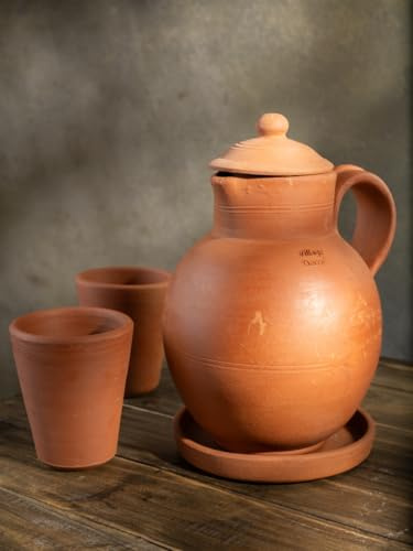 Village Decor Handmade Terracotta Preseasoned Water jug |2 Liter with Bottom Tray & Glass