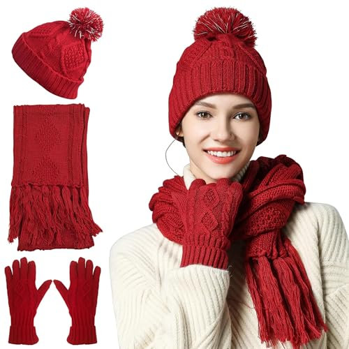 OROOTL Mütze, Schal & Handschuh Sets für Damen Winter, Touchscreen-Handschuhe Bommelmütze Handschuh Gestrickt Beanie Schnee Hut Warme Winterset 3 IN 1 für Mädchen, Frauen
