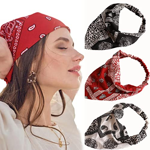 Fashband 3 Stück Boho Blumendruck Haarschal Schwarz Elastisch Stirnband Vintage Turban Kopftuch Dreieckstuch Kopftuch Headwrap Bandana Haarschmuck für Frauen und Mädchen