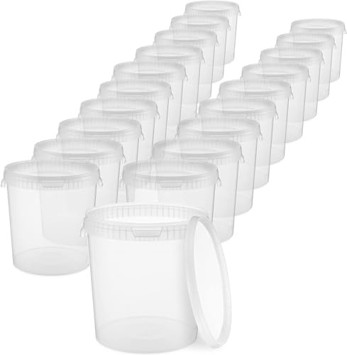 BenBow Eimer mit Deckel 30l transparent 20x 30 Liter - lebensmittelecht, stabil, luftdicht, auslaufsicher, geruchsneutral - Aufbewahrungsbehälter aus Kunststoff, mit Griffen - leer