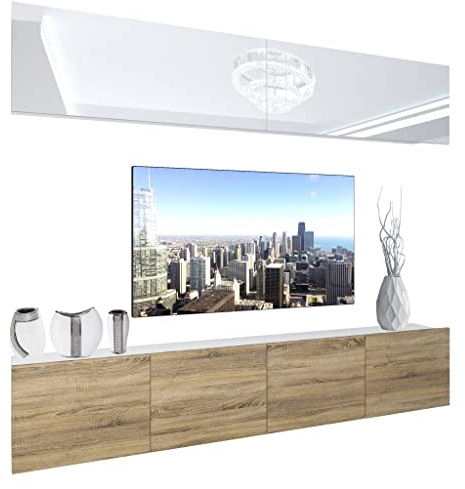 BELINI Wohnwand Vollausstattung Wohnzimmer-Set Moderne Schrankwand mit LED-Beleuchtung Anbauwand TV-Schrank Weiß/Sonoma Eiche