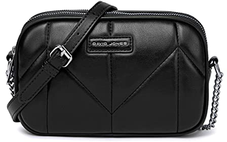 David Jones - Petit Sac Bandoulière Femme Multipoche Zip - Besace Sacoche Téléphone Simili Cuir PU Porté Epaule 2 Compartiments - Sac à Main Pochette Poches Multiples Voyage Shopping - Noir