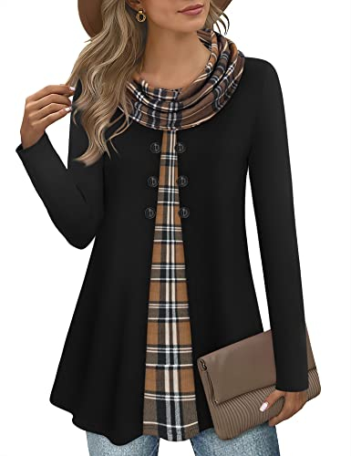 Gaharu Damen Longshirt Langarm Baumwolle Lässig Oversize Pullover für Damen Hoodie Lang Ohne-Kapuze Pullover für Frauen Pulli Elegant Warm Winter Longtunika Damen Lang Schwarz-braun Kariert,XXL