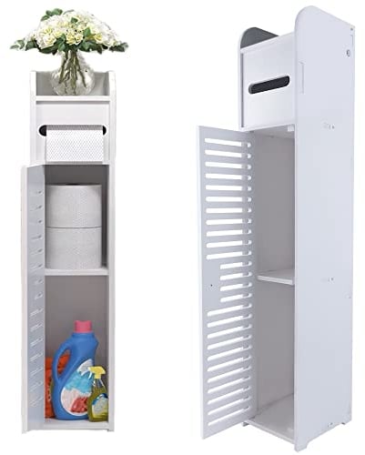 Qimu wasserdichte Badezimmerschränke, freistehende Bodenschränke Weiß, Schmal Badezimmer-Aufbewahrungseinheit mit täglicher Schicht und 1 Schranktür, Mehrzweckschrank Eckschrank 16 x 16 x 81 cm