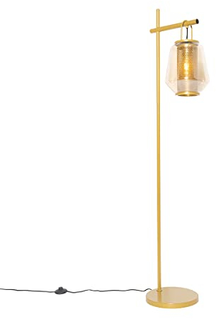 Qazqa - Art Deco Art Deco Stehlampe Gold I Messing mit Bernsteinglas - Kevin I Wohnzimmer I Schlafzimmer - Länglich - LED geeignet E27