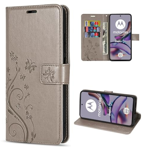 betterfon Hülle Kompatibel mit Motorola Moto G13 / G23 | Premium PU Leder Handyhülle Wallet Case für Moto G13 / G23 | Schutzhülle Blumen Klapphülle Handyhülle | Grau