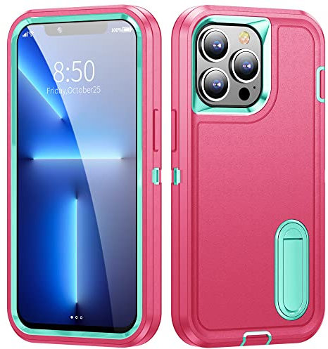 for Shockproof Defend Case for iPhone 13 14 Pro Max 11 12 Pro Max 6 6s 7 8 Plus SE 2022 X Xs XR Metal Bracket Back Cover, Rose Red, Cyan, for iPhone 14Pro Max