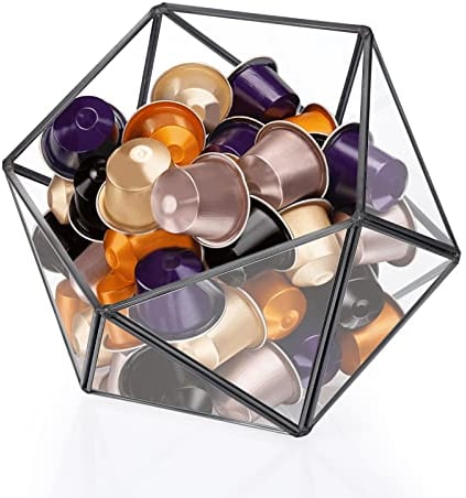 SUMTree Glass Coffee Pods Holder Modern Cube Coffee Capsules Storage Bowl Multi-Purpose Storage for Flowers and Plants Large-Capacity 15-Sided Polygon Bowl