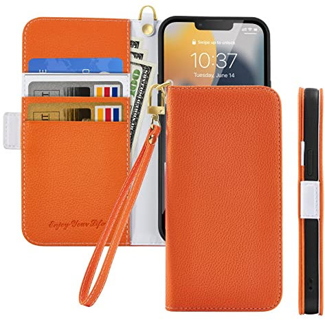 Tiyoo Flip Phone Case for iPhone 6/iPhone 6s, Premium Magnetic Wallet Case for Phone Protection, Lychee Pattern PU Leather with Card Slots & Wrist Strap,Shockproof Phone Cover for iPhone 6/6s, Orange