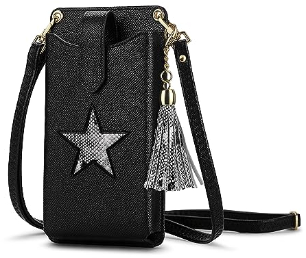 Peacocktion Handytasche zum Umhängen, Kleine Umhängetasche Damen, Crossbody Handytasche Geldbörse, Handy Umhängetasche mit Kartenfächer, Crossbody Tasche für Damen, 03-Schwarz Stern Litchi Quaste