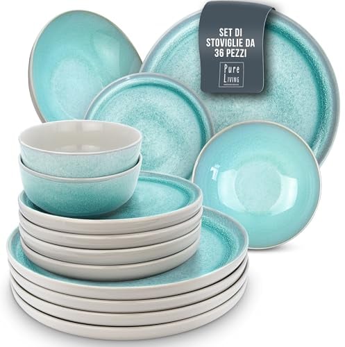 Steingut Geschirrset 12 Personen Ibiza 36 tlg. TESTSIEGER, Hochwertiges Mediterranes Steingut Geschirr Set, Schüssel- und Teller Set, Tafelservice 12 Personen, Geschirrsets Pure Living in Türkis