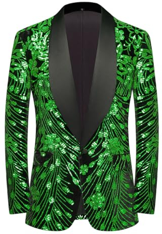 CARFFIV Männer Pailletten Samt Bühne Party Prom Hochzeit Abendessen Symmetrie Anzug Jacke Blazer,Green,M