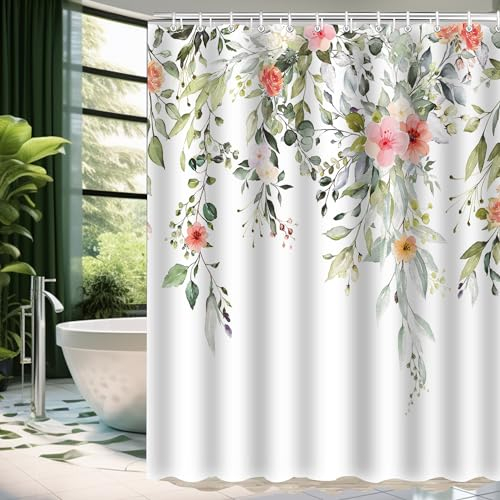 Lerores Tenda da doccia, 240 x 200 cm, motivo floreale rosso, orlo appesantito, in tessuto antimuffa, impermeabile, lavabile, in poliestere, con occhielli e 16 anelli per tenda da doccia per bagno,