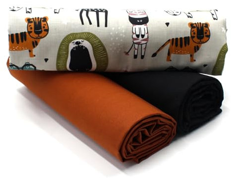 VmG-Store 1,5m Baumwollstoff Set Designstoff + 2x Uni farblich abgestimmt 100% Baumwolle Material Auswahl (Zoo Tiere Set09)