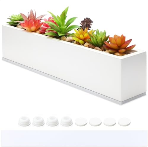 FillTouch 16.1 x 3.2 x 3.5 Inch Long Rectangular Planter Box Window Sill Plant Box Metal Water Trough Indoor Large Modern Steel with Drainage Holes Herb Garden Home(White)