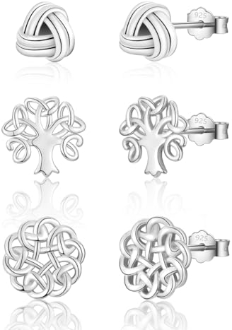 wynn's Damen Ohrringe Silber 925, 3 Paar Ohrstecker Set Lebensbaum Ohrringe&Keltischer Knoten Schmuck mit Geschenkbox für Damen Herren