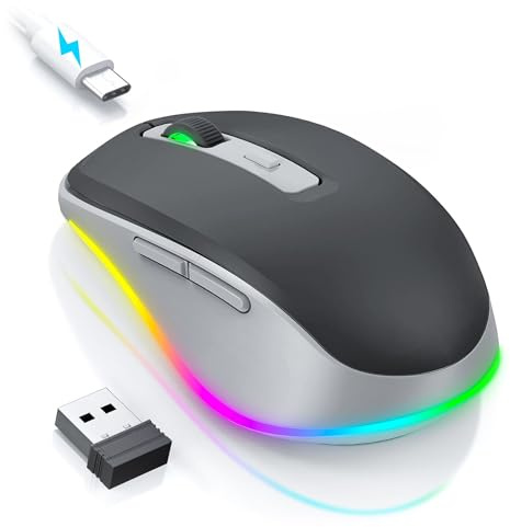 PEIOUS Kabellose Maus Jiggler – LED-Maus mit eingebautem Mausbeweger, wiederaufladbare, bewegliche Maus für Laptop mit nicht erkennbarer zufälliger Bewegung, hält Computer wach – Schwarz und Grau