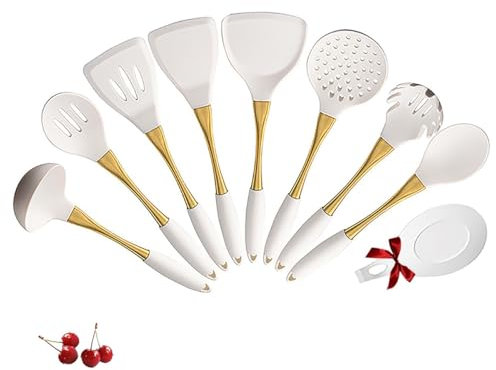 Silicone Cookware Set, 9-Piece, Gold and White, Universal Kitchen Utensils