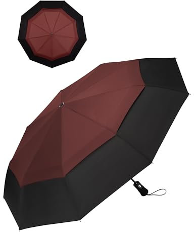 Chakipee Paraguas Rojo Resistente al Viento - Paraguas Plegable Antiviento Hombres, Paraguas Automático Portátil Compacto de Viaje, Tejido 210T, Toldo con doble ventilación