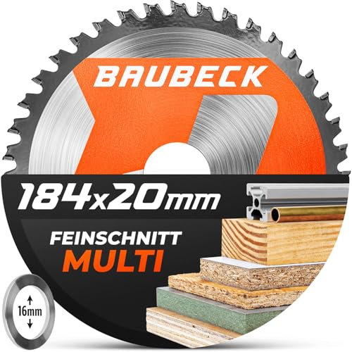 BAUBECK Sägeblatt 184x16 +20mm Adapter, 40Z, 1.6mm Feinschnitt in Holz & Alu kompatibel mit Dewalt. Bosch, Evolution & TACKLIFE PES01A Sägeblatt 184x20, Kreissägeblatt 184x16