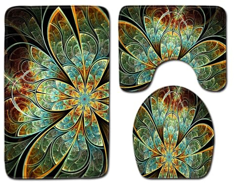 Bad Teppiche Set 3-Teiliges Grüne Vintage Blume WC Vorleger Mit Ausschnitt Badematte Saugfähig WC Deckelbezug Badvorleger rutschfest Waschbar Toilettensitzbezug Badgarnitur (45x75cm)