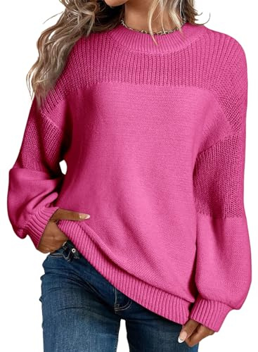 Dokotoo Damen Pullover Elegant Rundhals Puffärmel Strickpullover Einfarbig Lässig Lose Oberteile Herbst Winterpullover Pulli S-XXL