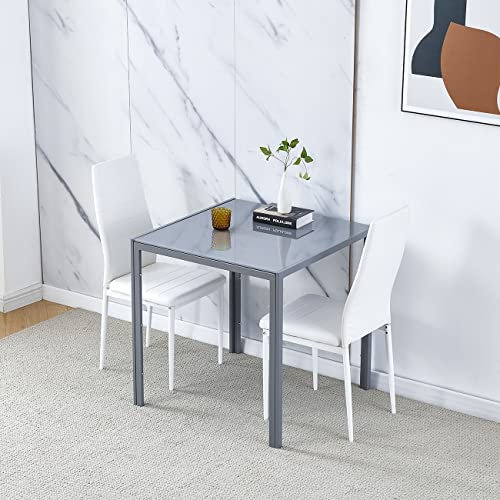 Moderno juego de mesa de comedor de cristal gris con 2 sillas, mesa cuadrada pequeña de 75 x 75 cm, sillas de piel sintética blanca, muebles de comedor elegantes