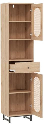 Multigot Bathroom Tall Cupboard, Freestanding Slim Storage Cabinet with Rattan Doors, Adjustable Shelves and Drawer, Narrow Wooden Floor Cabinet Bathroom Storage Unit for Bedroom Living Room (Natural)