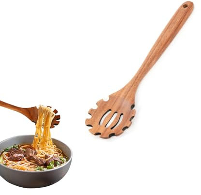 Yuannee Wooden Spoons for Cooking,Teak Wooden Spaghetti Ladle Spoon 32cm Pasta Server with Teeth Ergonomic Handle Durable Kitchen Utensil for Cooking Serving Strainer Use