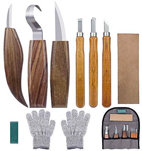 Wood Carving Tools Kit,10PCS Wood Whittling Kit for Beginners, Includes 6PCS Whittling Tools, Gloves, Roll Bag,Sharpener for Widdling Kit