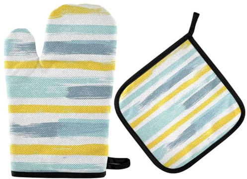 Gray Blue and Pale Yellow Stripe Pattern Decorative Oven Mitt Pot Holders Heatproof Kitchen Oven Gloves 2PCS for BBQ Oven Cooking